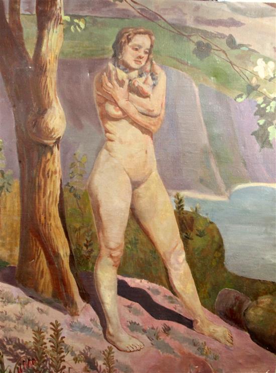 § John Miles Bourne Benson (1889-1950) Nude in a coastal landscape 44.5 x 34in., unframed